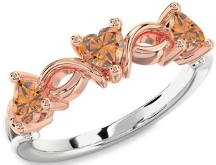 Emerald Platinum & Rose Gold Heart Knot Three Stone Birthstone Ring