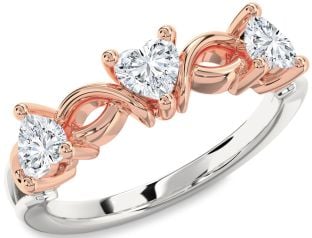 Diamond Silver & 10K Rose Gold Heart Knot Three Stone Ring