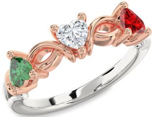 Emerald Platinum & Rose Gold Heart Knot Three Stone Birthstone Ring