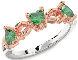 Emerald Platinum & Rose Gold Heart Knot Three Stone Birthstone Ring