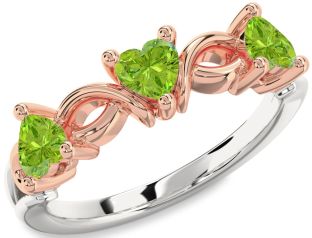 Emerald Platinum & Rose Gold Heart Knot Three Stone Birthstone Ring