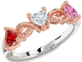Emerald Platinum & Rose Gold Heart Knot Three Stone Birthstone Ring