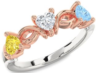 White Rose Gold Heart Knot Three Stone Mother's Ring