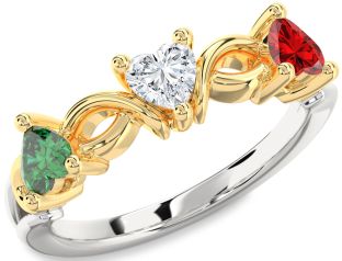 Emerald Platinum & Yellow Gold Heart Knot Three Stone Birthstone Ring