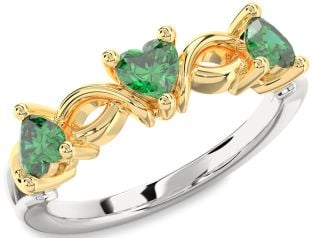 Emerald Platinum & Yellow Gold Heart Knot Three Stone Birthstone Ring