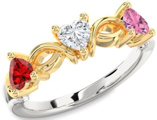 Emerald Platinum & Yellow Gold Heart Knot Three Stone Birthstone Ring