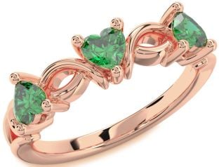 Emerald Rose Gold Heart Knot Three Stone Birthstone Ring