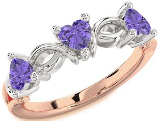 Emerald Platinum & Rose Gold Heart Knot Three Stone Birthstone Ring