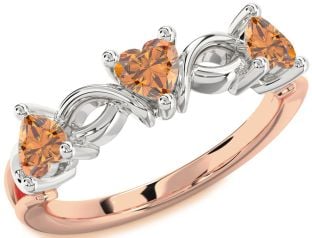 Emerald Platinum & Rose Gold Heart Knot Three Stone Birthstone Ring