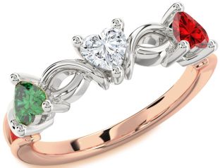 Emerald Platinum & Rose Gold Heart Knot Three Stone Birthstone Ring