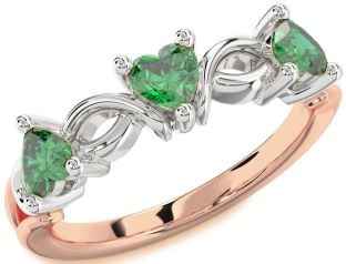 Emerald Platinum & Rose Gold Heart Knot Three Stone Birthstone Ring