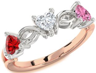 Emerald Platinum & Rose Gold Heart Knot Three Stone Birthstone Ring