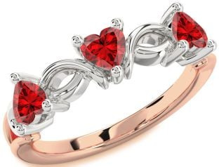 Emerald Platinum & Rose Gold Heart Knot Three Stone Birthstone Ring