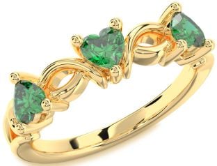 Emerald Gold Heart Knot Three Stone Birthstone Ring