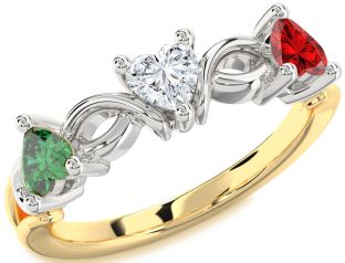 Emerald Platinum & Yellow Gold Heart Knot Three Stone Birthstone Ring