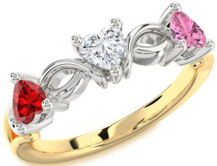 Emerald Platinum & Yellow Gold Heart Knot Three Stone Birthstone Ring