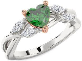 Diamond Emerald Silver & 10K Rose Gold Heart Solitaire Engagement Ring