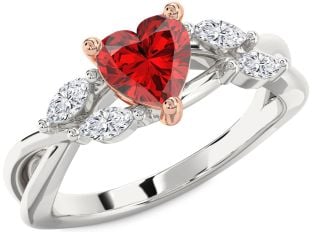 Diamond Ruby Silver & 10K Rose Gold Heart Solitaire Engagement Ring
