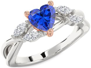 Diamond Blue Sapphire Rose Gold Silver Heart Engagement Ring