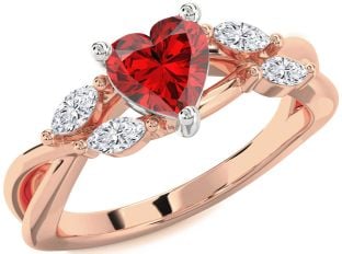 Diamond Ruby White Rose Gold Heart Solitaire Engagement Ring