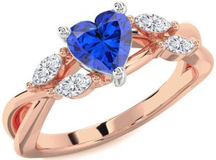 Diamond Blue Sapphire Rose Gold Silver Heart Engagement Ring