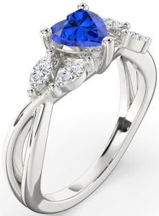 Diamond Blue Sapphire Silver Heart Engagement Ring