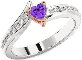 Diamond Amethyst Platinum & Rose Gold Heart Pave Promise Ring