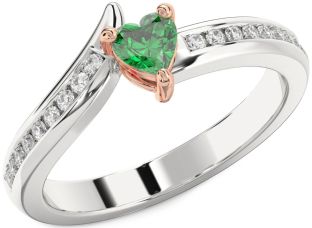 Diamond Emerald Silver & 10K Rose Gold Heart Promise Ring