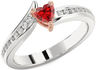 Diamond Ruby Silver & 10K Rose Gold Heart Promise Ring