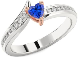 Diamond Blue Sapphire Rose Gold Silver Heart Pave Promise Ring