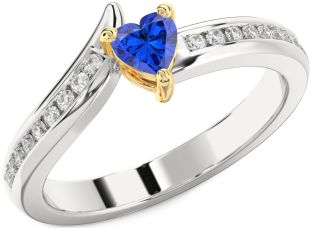 Diamond Blue Sapphire Platinum & Yellow Gold Heart Pave Promise Ring