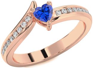 Diamond Blue Sapphire Rose Gold Silver Heart Pave Promise Ring