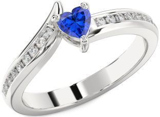 Diamond Blue Sapphire Silver Heart Pave Promise Ring