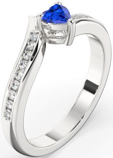 Diamond Blue Sapphire Silver Heart Pave Promise Ring