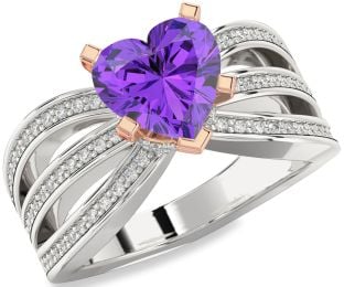 Diamond Amethyst Platinum & Rose Gold Heart Solitaire Pave Engagement Ring