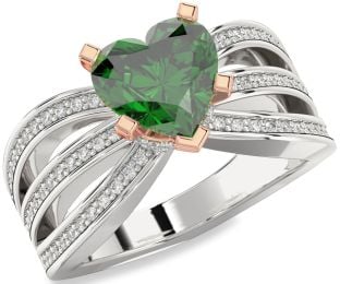 Diamond Emerald Silver & 10K Rose Gold Heart Halo Solitaire Pave Engagement Ring