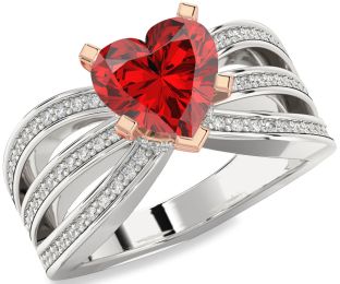 Diamond Ruby Silver & 10K Rose Gold Heart Halo Solitaire Pave Engagement Ring