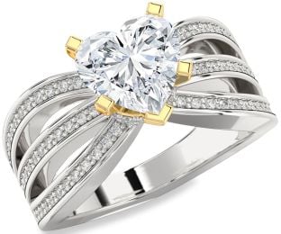 Diamond Silver & 10K gold Heart Halo Solitaire Pave Engagement Ring