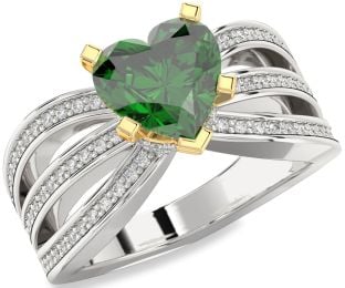 Diamond Emerald Silver & 10K gold Heart Halo Solitaire Pave Engagement Ring