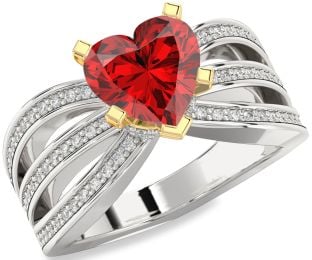 Diamond Ruby Silver & 10K gold Heart Halo Solitaire Pave Engagement Ring