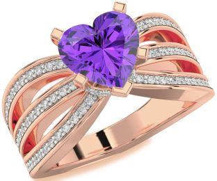 Diamond Amethyst Rose Gold Heart Solitaire Pave Engagement Ring