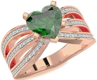 Diamond Emerald Rose Gold Heart Halo Solitaire Pave Engagement Ring