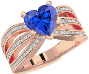 Diamond Blue Sapphire Rose Gold Heart Solitaire Pave Engagement Ring