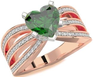 Diamond Emerald White Rose Gold Heart Halo Solitaire Pave Engagement Ring