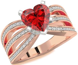 Diamond Ruby White Rose Gold Heart Halo Solitaire Pave Engagement Ring