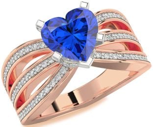 Diamond Blue Sapphire White Rose Gold Heart Solitaire Pave Engagement Ring
