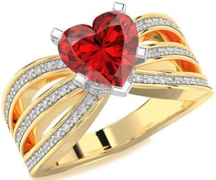 Diamond Ruby White Yellow Gold Heart Halo Solitaire Pave Engagement Ring