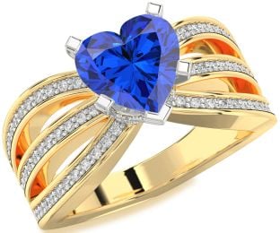 Diamond Blue Sapphire White Yellow Gold Heart Solitaire Pave Engagement Ring