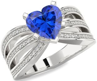 Diamond Blue Sapphire Platinum Heart Solitaire Pave Engagement Ring