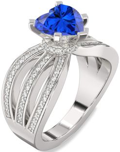 Diamond Blue Sapphire Silver Heart Solitaire Pave Engagement Ring